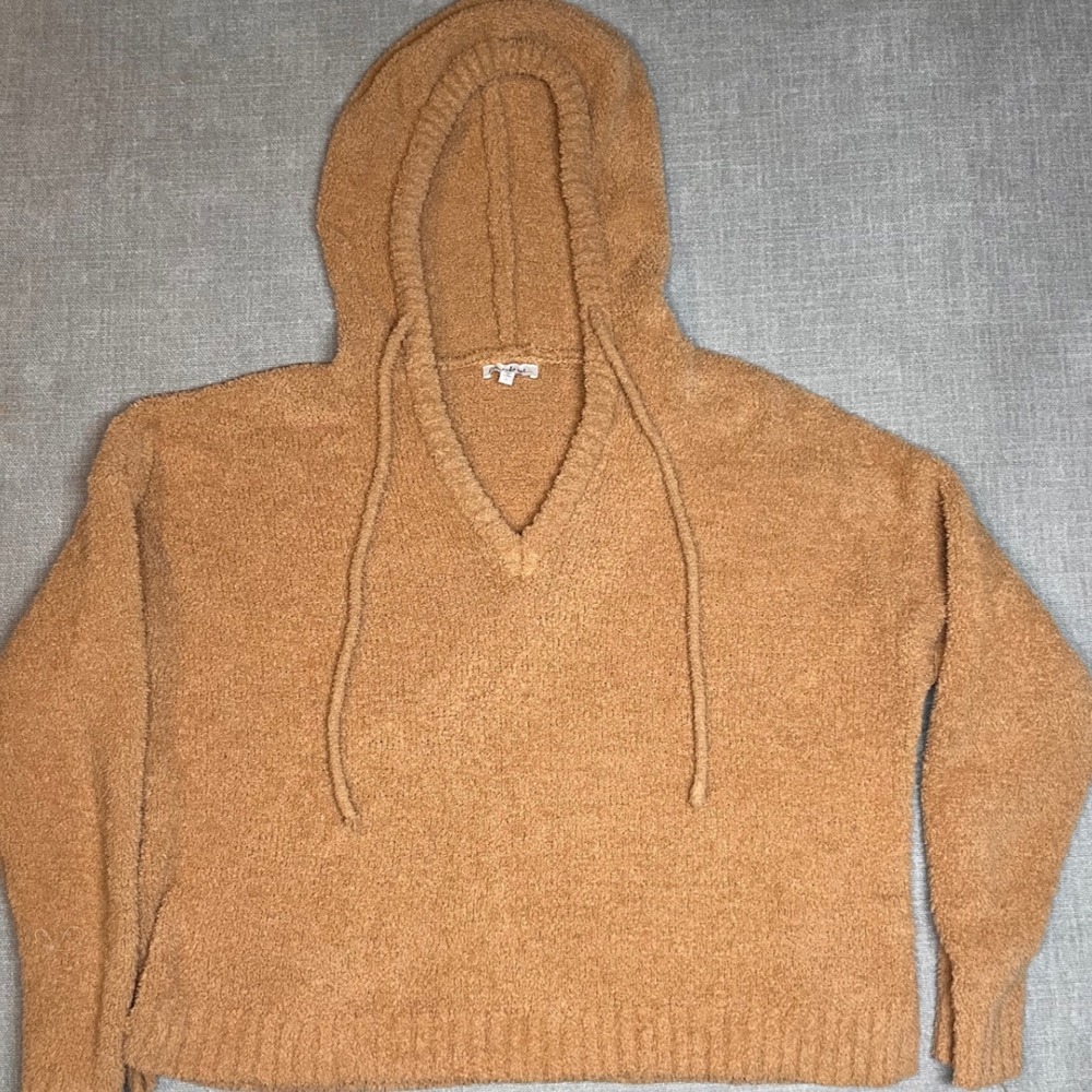 Cloud Chaser Cozy Fuzzy Knit V Neck Drawstring Hoodie M/L